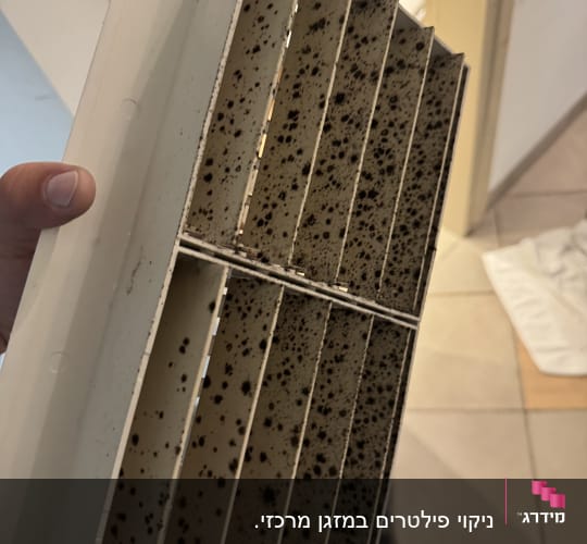 תריס מזגן עם כתמי עובש שחורים